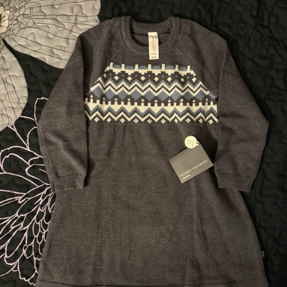 Grey Knit Sweater Dress with Fair Isle Yoke